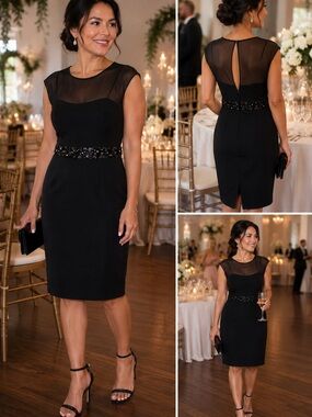 Hoglund New York Black Beaded Mesh Cocktail Dress Size 8